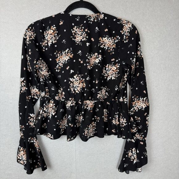 Y2K Black Floral Deep V-Neck Peplum Front Tie Bolero Long Bell Sleeve Sz M - Picture 8 of 8